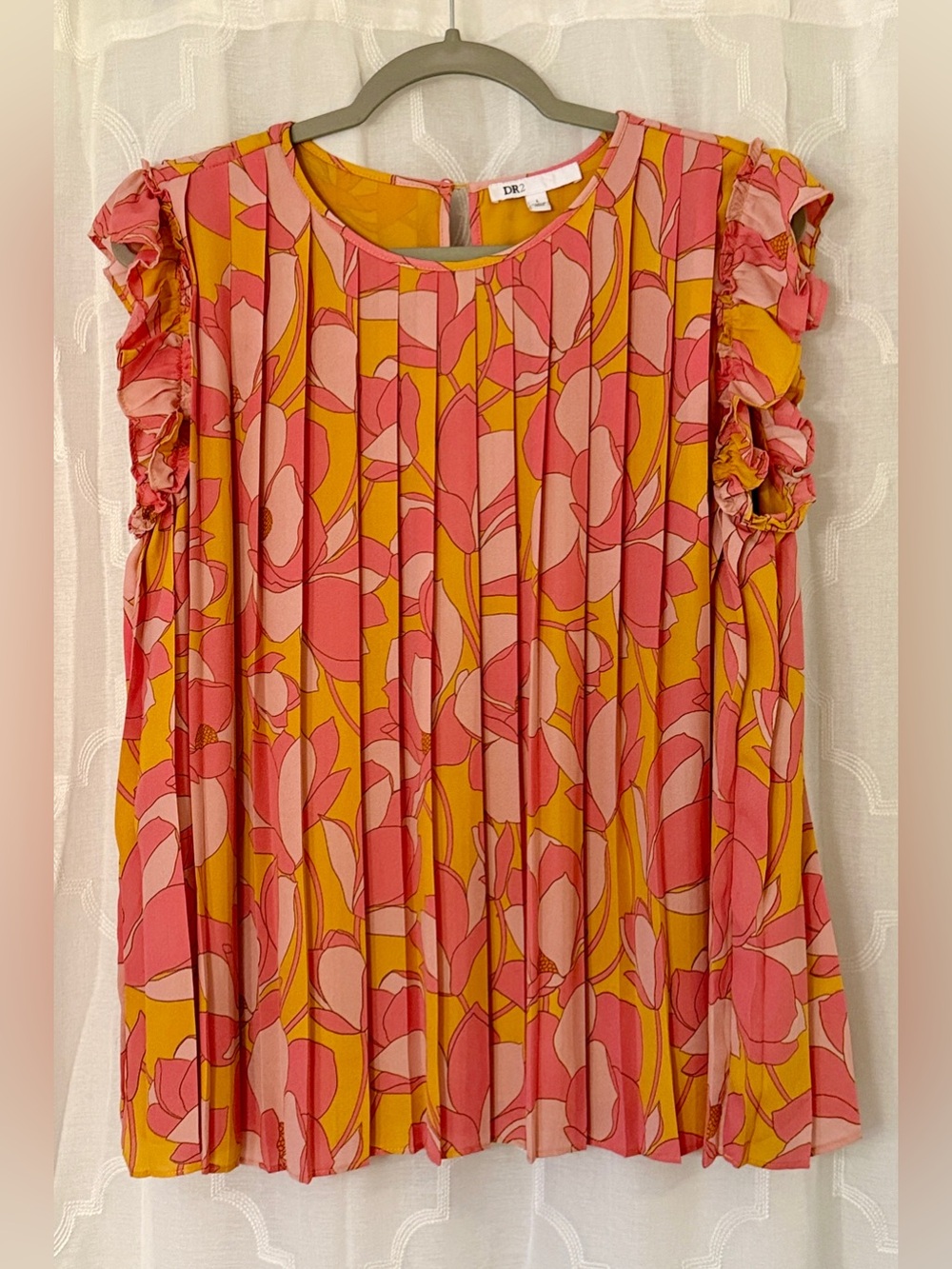 DR2 Pink & Mustard Floral Pleated Ruffle Sleeve Top | Large